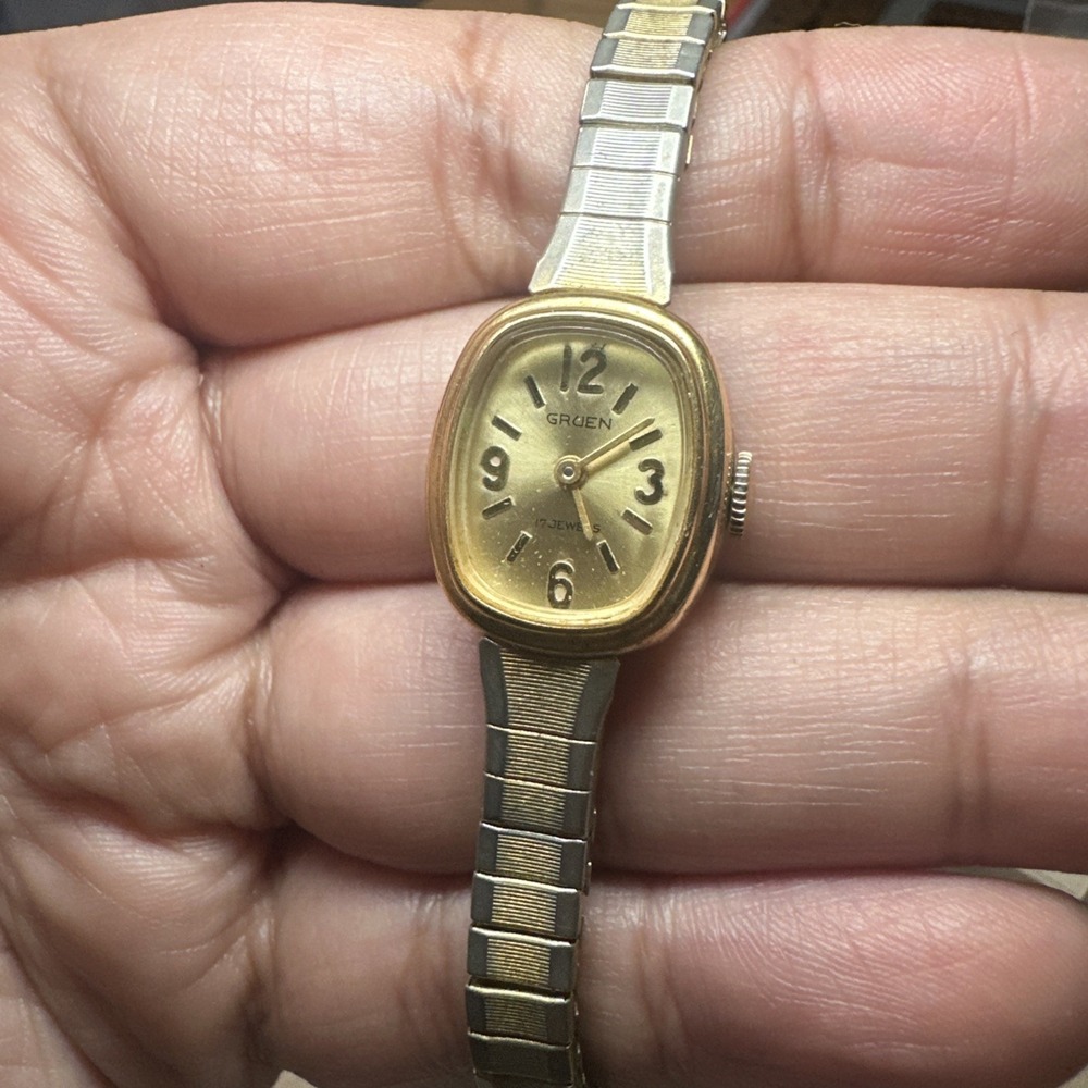 Works Vintage Gruen Gold Tone17 Jewels 17mm Manual Wind Ladies Watch‎ Fit 6.5"